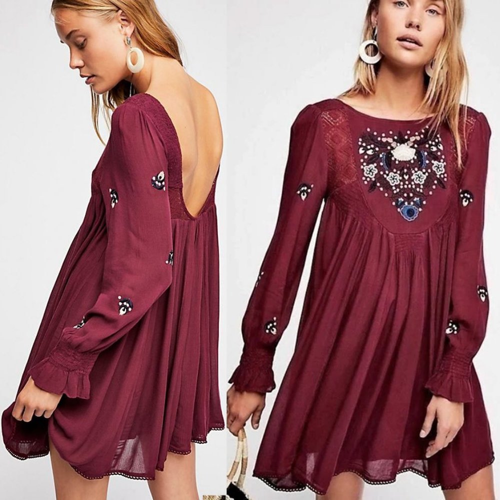 Free People Mohave Embroidered Daytime Mini Dress Babydoll Plum Burgundy S $148